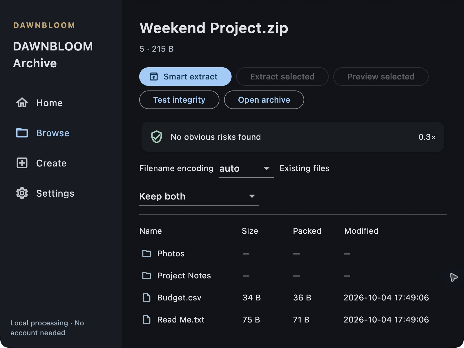 Real Mac app archive browser showing folders, file sizes, toolbar, and extraction action