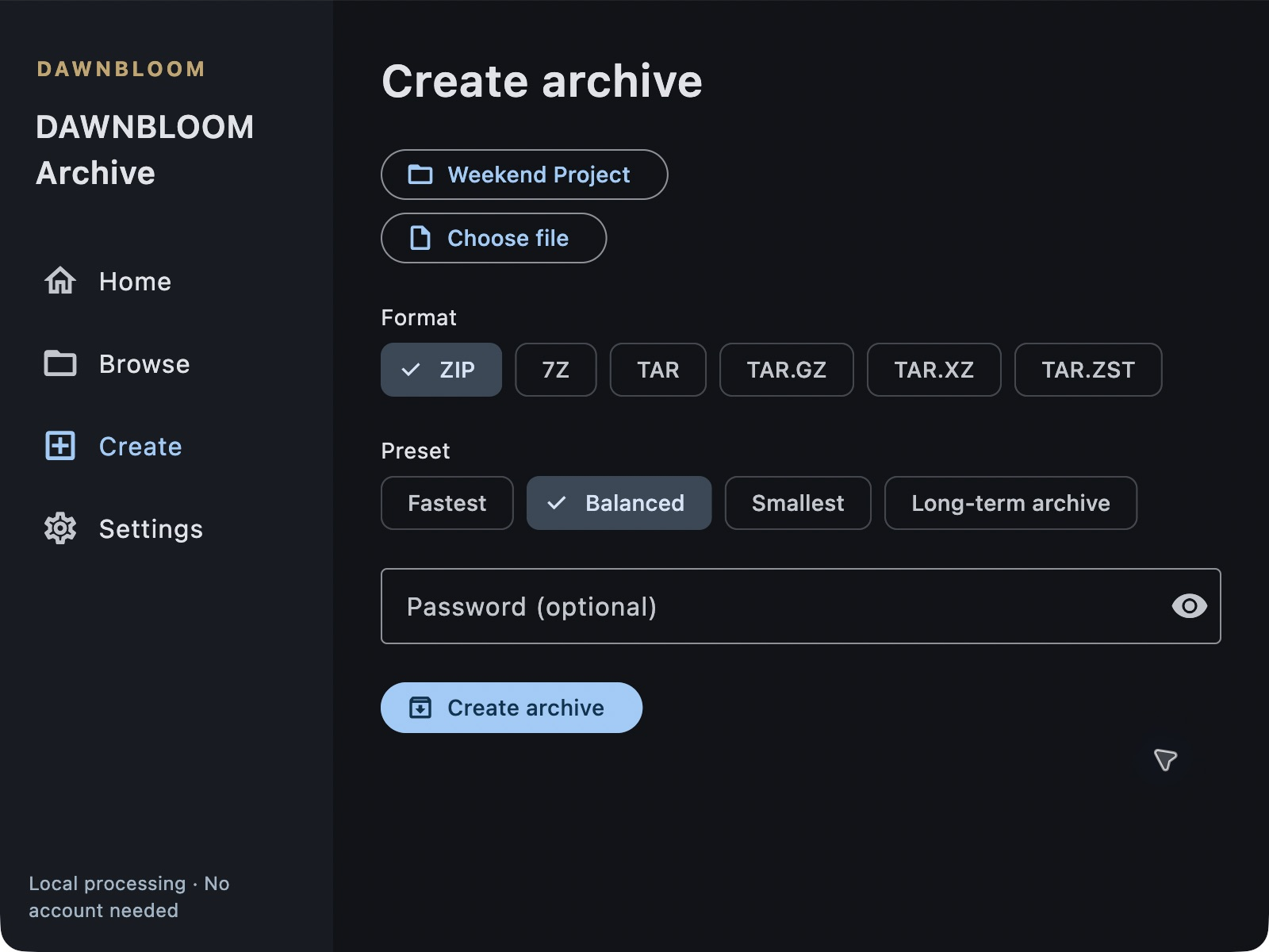Real Mac app create screen with format and four preset choices