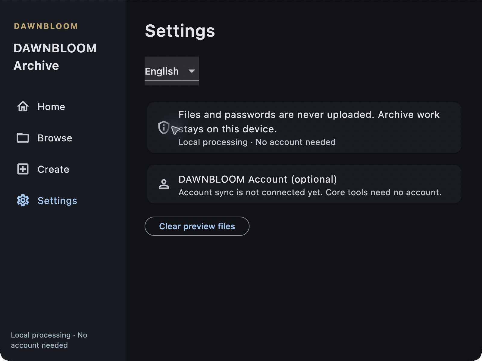 Real Mac app settings showing local processing and optional account