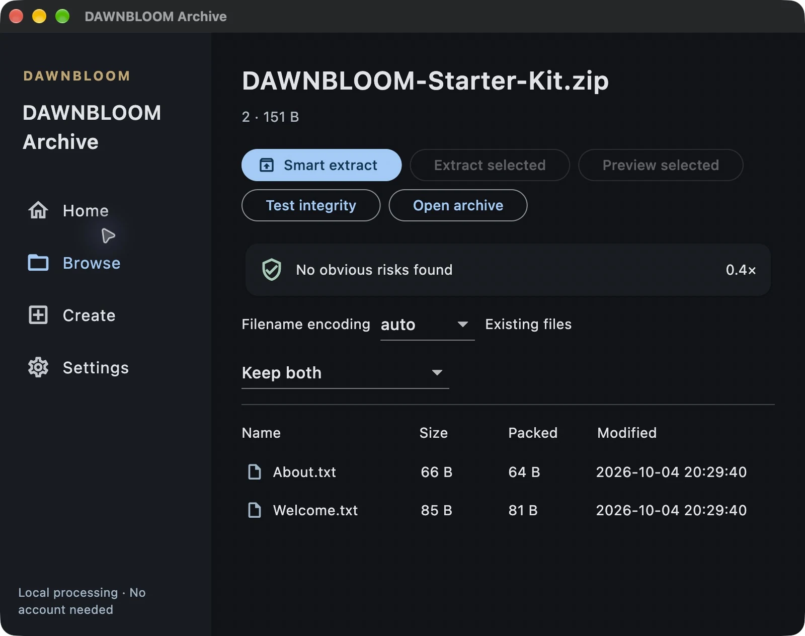 Actual English DAWNBLOOM Archive screen after opening a downloaded ZIP