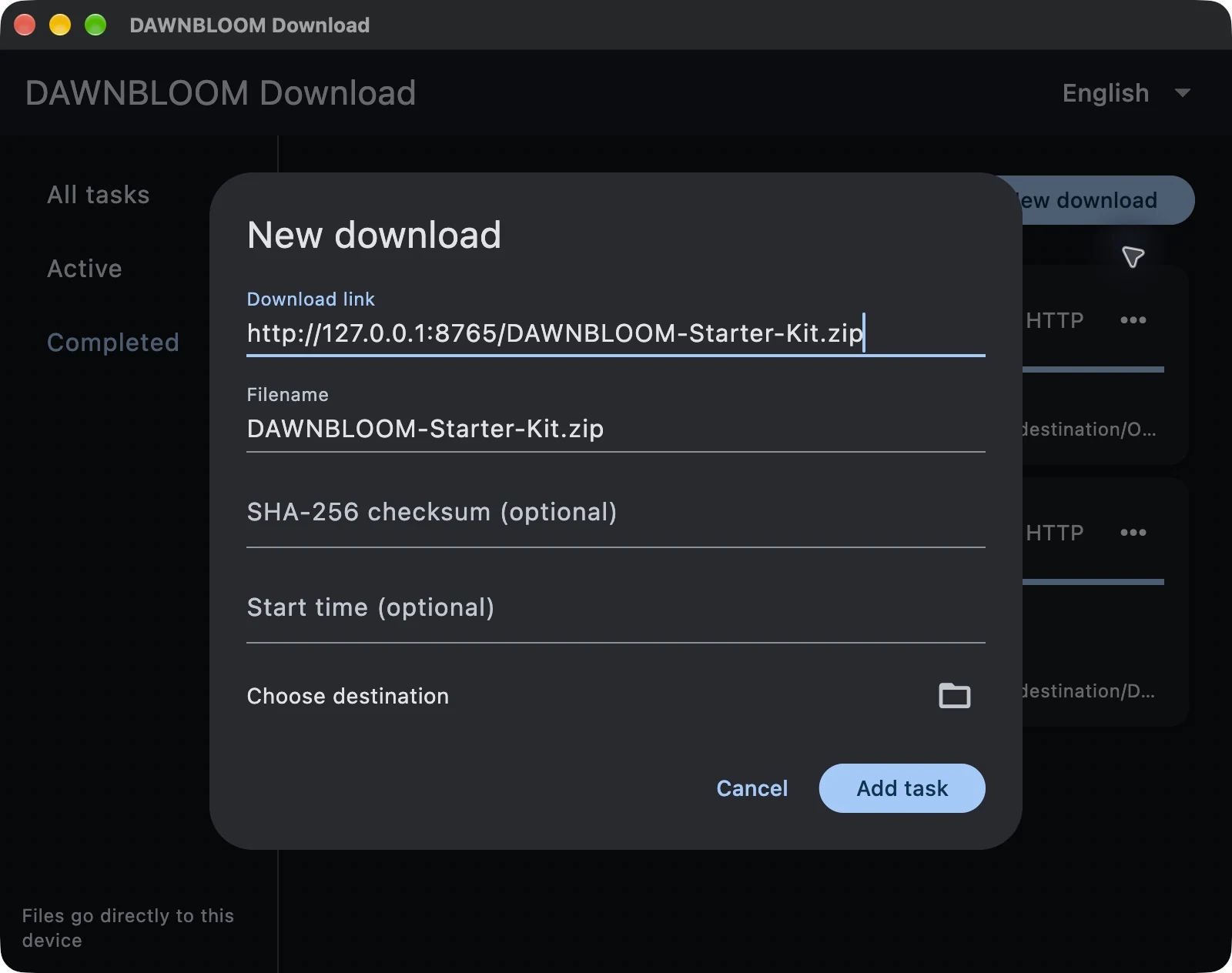 Actual English Download dialog receiving a Browser link