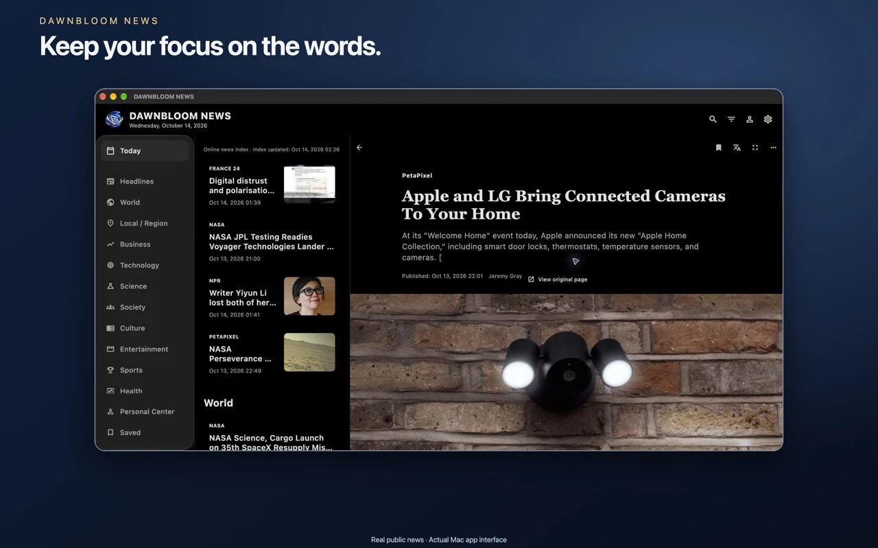 Mac · 1.3.2 · Real public news · Actual Apple app interface