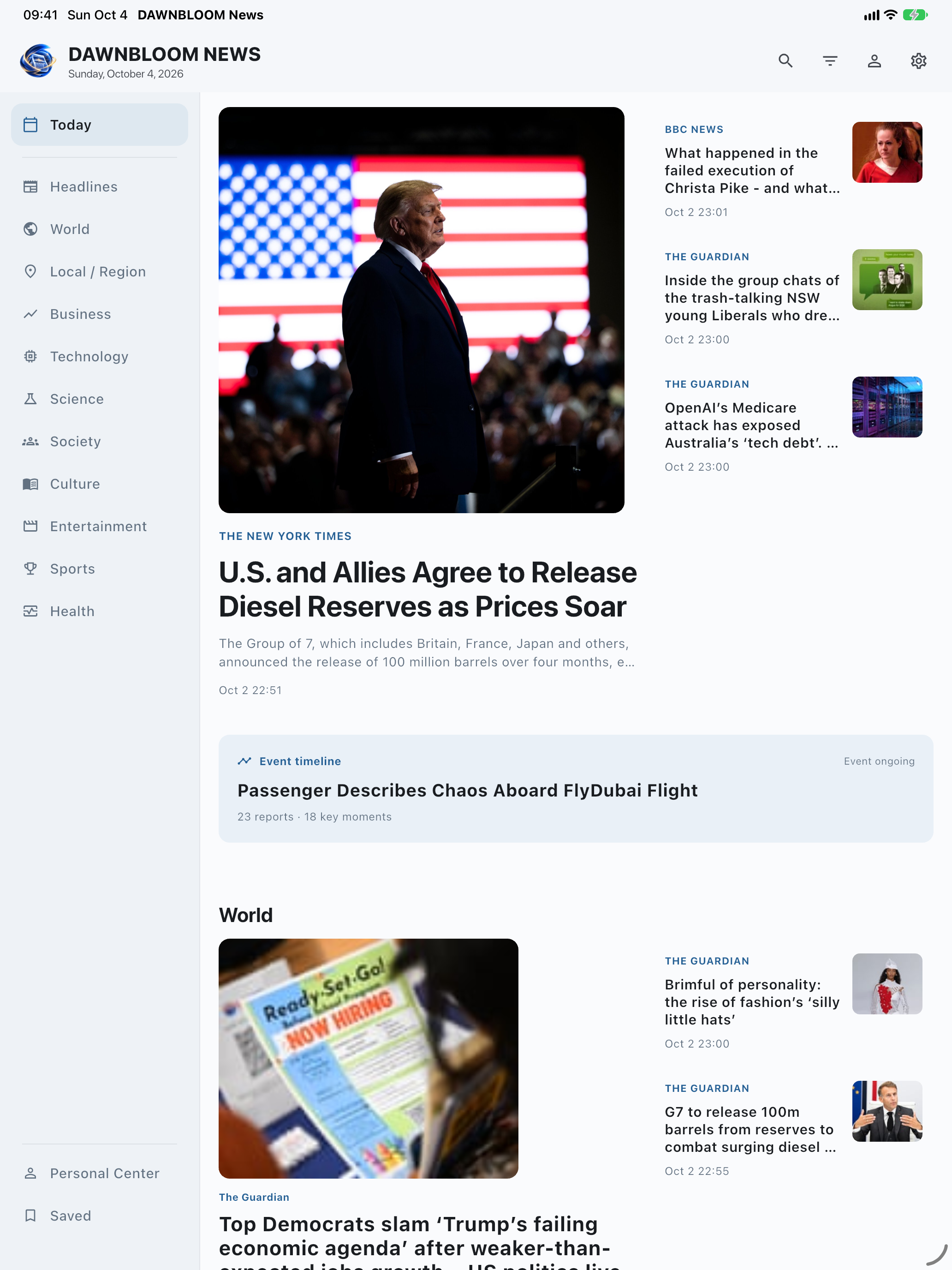 Actual DAWNBLOOM News iPad home screen with English headlines and editorial layout
