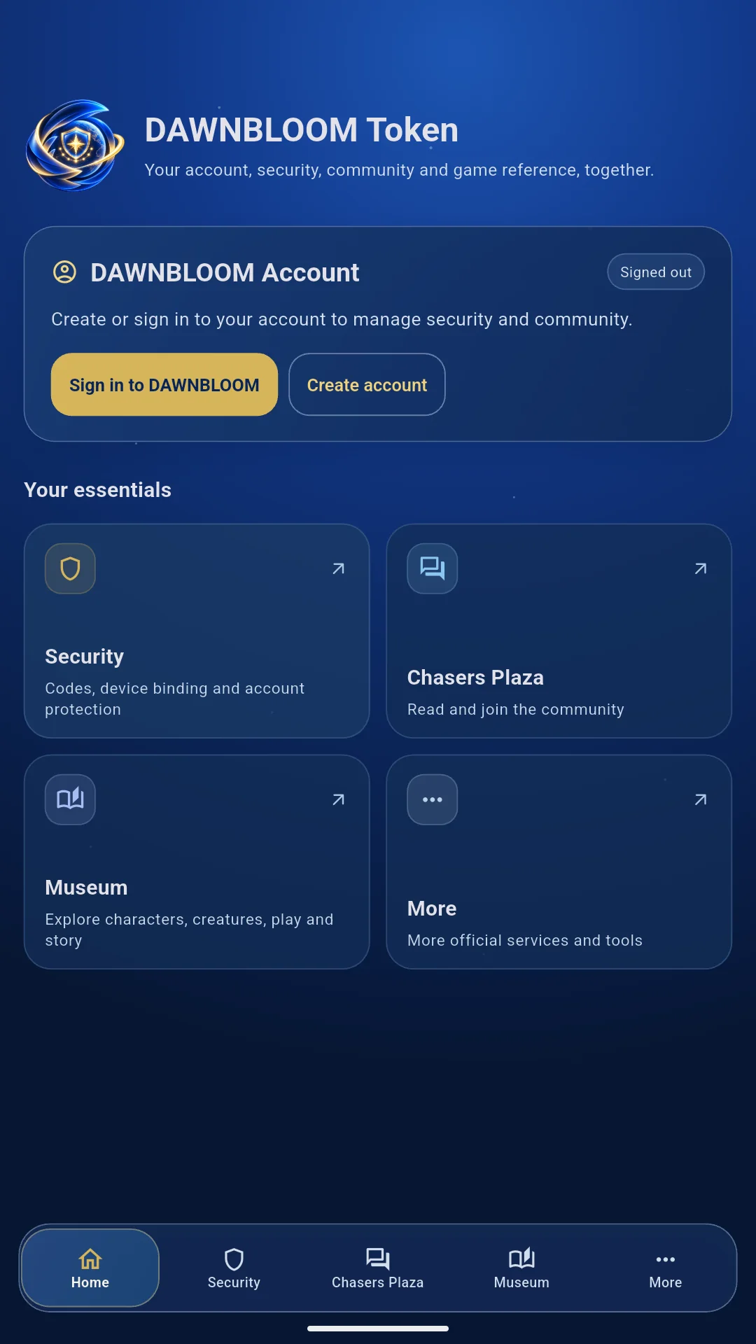 Actual DAWNBLOOM Token 2.0.0 Android home screen in English, showing the account card, shortcuts and full bottom navigation