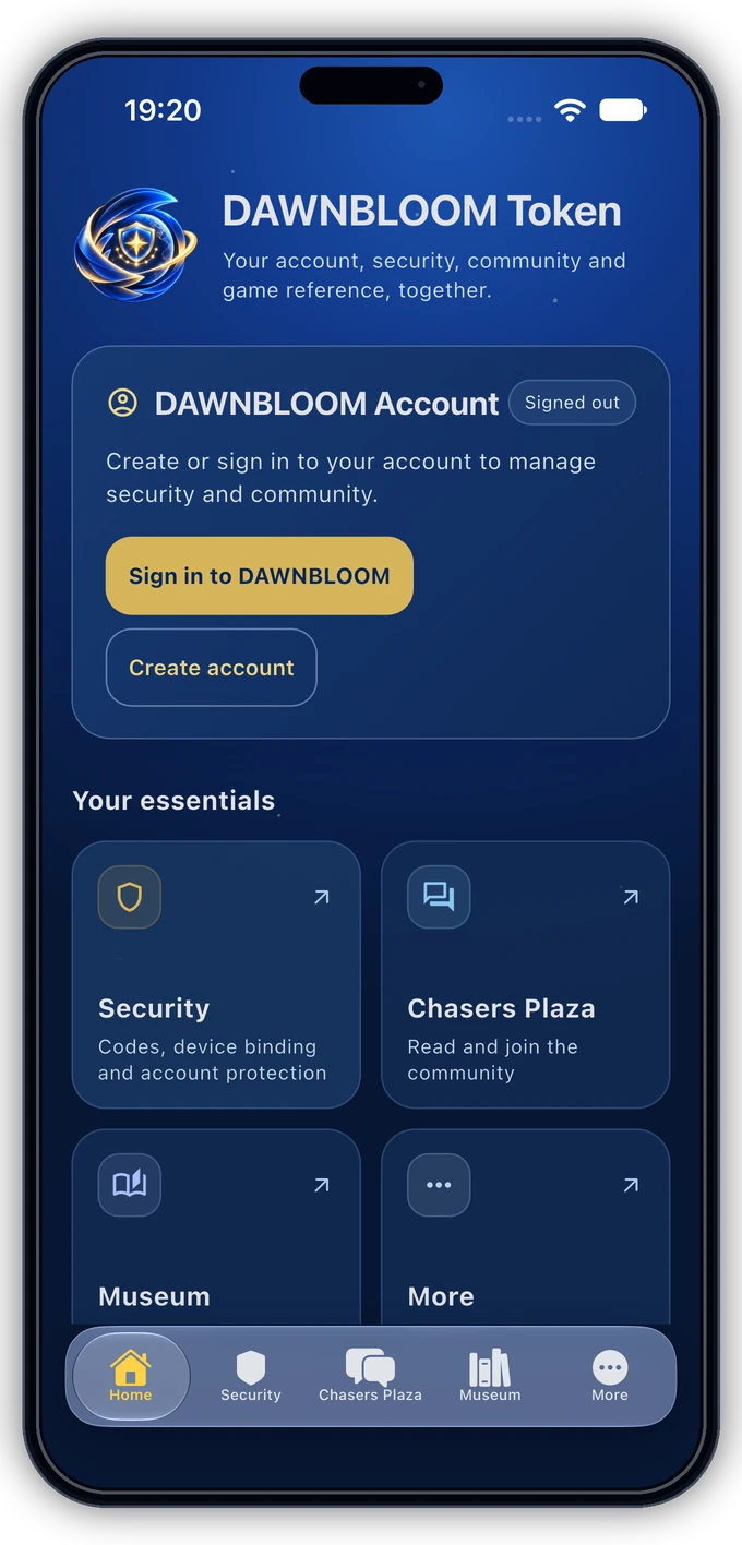 DAWNBLOOM Token 2.0.0 home screen running in English on iPhone